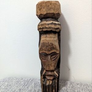 Hand carved Tiki head from Jamaica. 8 inches. Jamaica carved in top. GUC.